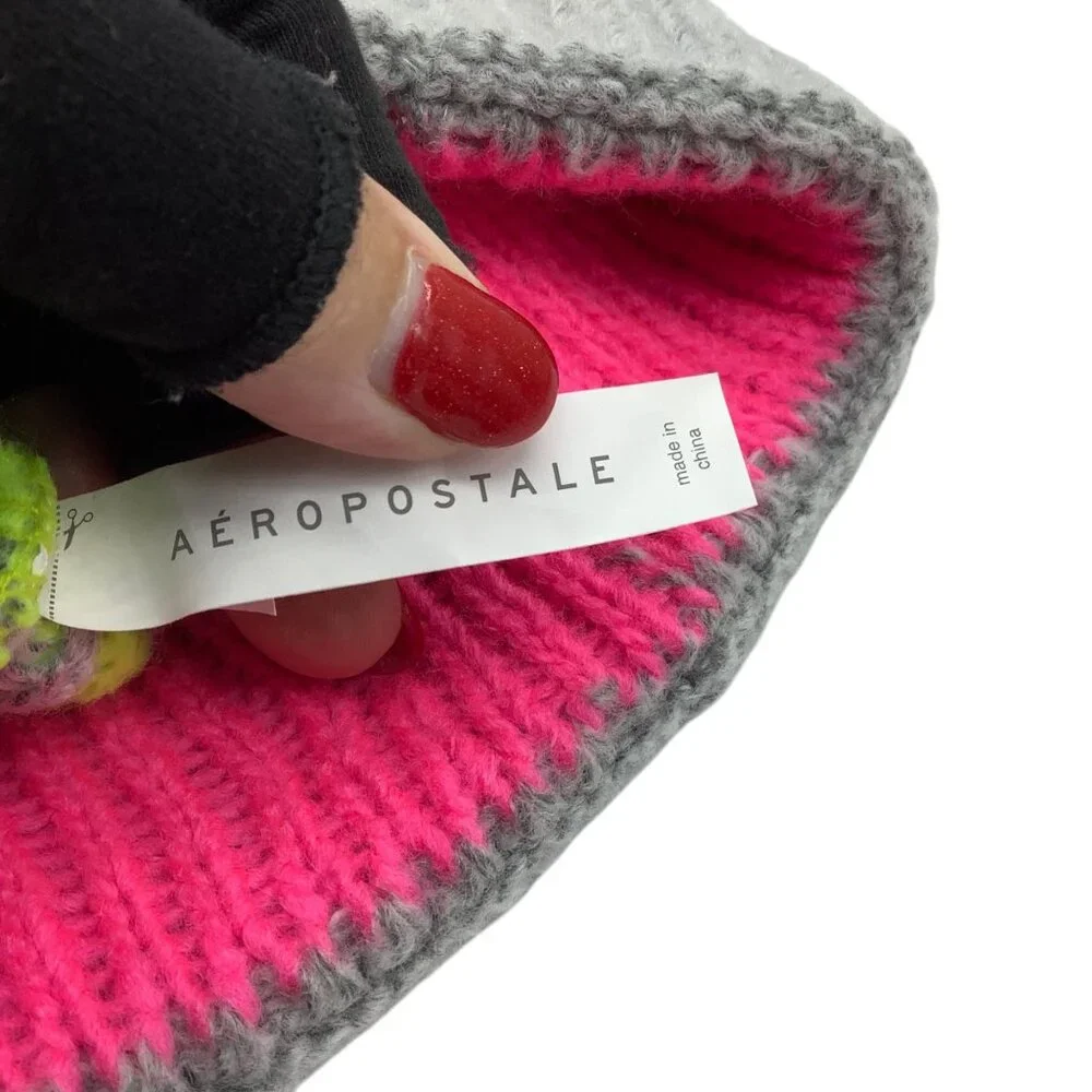 Aeropostale Gray Knit Pom Beanie‎ Hat Neon Pink Green Fair Isle Pattern NWOT